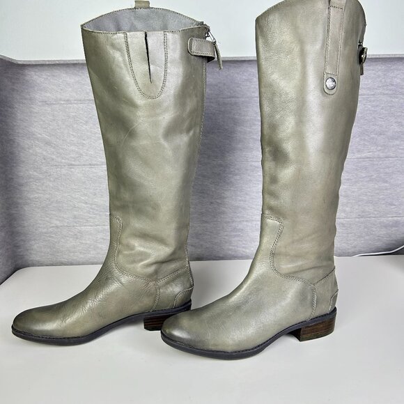 Sam Edelman Penny Green/Grey Back Zip Leather Knee High Riding Boots Size 6.5M - Picture 1 of 17